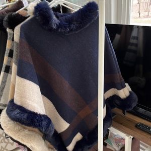 Navy and cream poncho 32 inches from neck to hem
